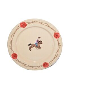 Vtg 8” Plate Marble Canyon Enamelware Roses Barbed Wire Cowgirl Horse Western